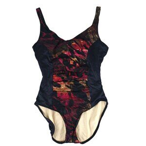 Vintage Slimsuit Abstract Print Bodysuit One Piece Swimsuit Black Red Gold